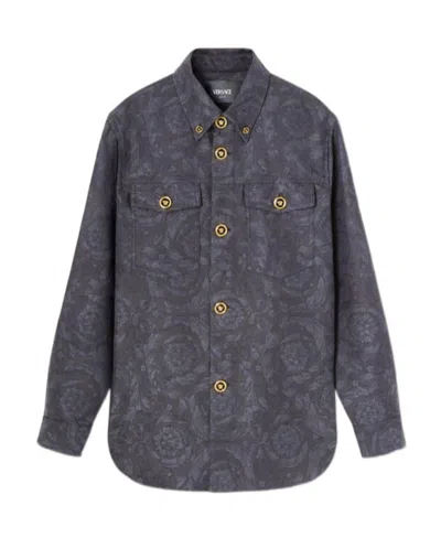 Versace Men's Medusa Jacquard Cotton Button-down Shirt In Anthracite