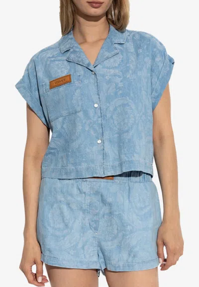 Versace Barocco Jacquard Cropped Denim Shirt In Blue