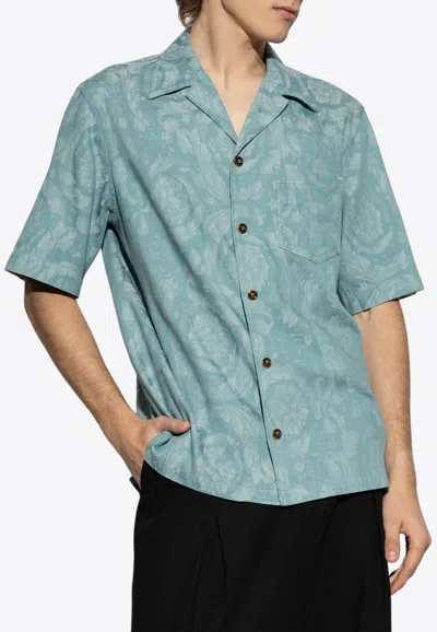 Versace Barocco Jacquard Denim Shirt In Blue