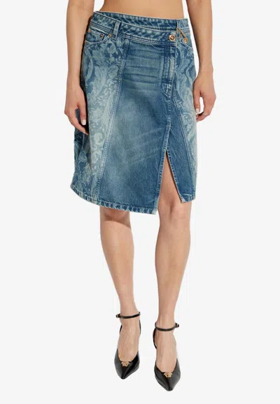 Versace Barocco Jacquard Denim Wrap Skirt In Blue