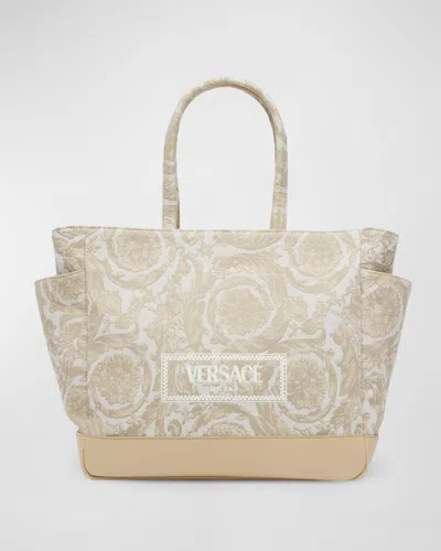 Versace Barocco Jacquard Diaper Tote Bag In Sand Castle