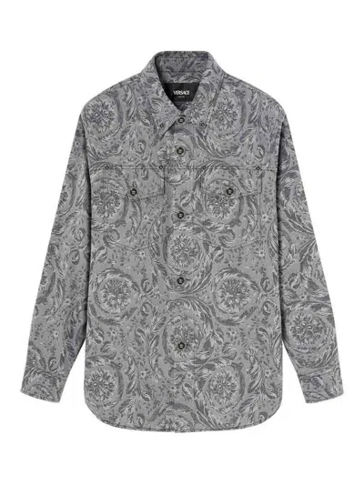 Versace Floral-print Cotton Shirt In Black