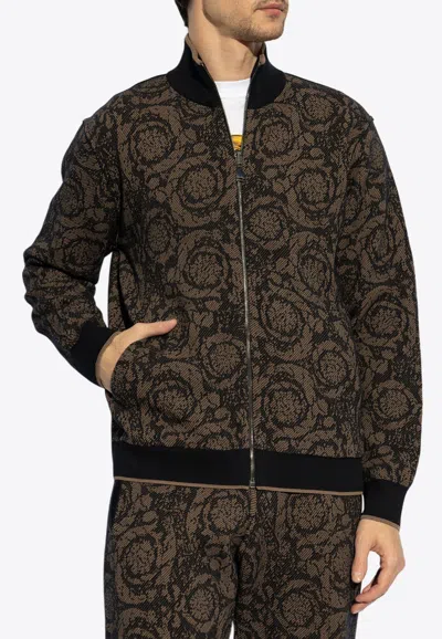 Versace Barocco Jacquard Reversible Zip-up Jacket In Brown