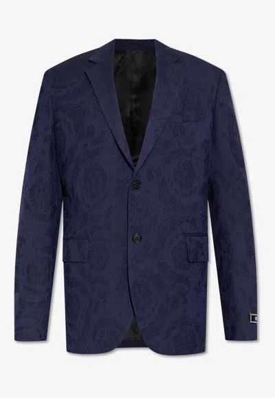 Versace Barocco-jacquard Single-breasted Blazer In Blue