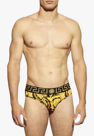 Versace Barocco Jacquard Swimming Briefs In Yellow