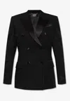 Versace Double-breasted Jacquard Virgin Wool Blazer With Satin Lapel In Black