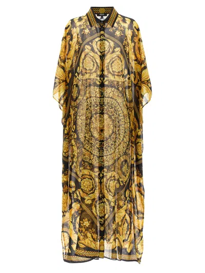 Versace Barocco Print Long Chiffon Kaftan Dress In Black,gold | ModeSens