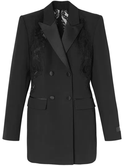Versace Barocco Lace-embellished Double-breasted Blazer In Black