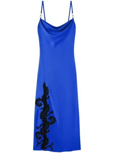 Versace Barocco-lace Embellished Satin Midi Dress In Blue