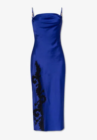 Versace Satin Lace-embroidered Midi Slip Dress In Blue