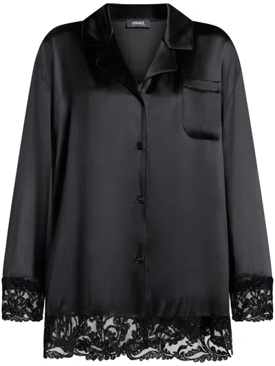 Versace Barocco Lace-trim Silk Shirt In Black