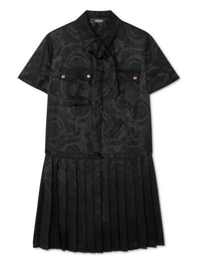 Versace Barocco Lavalli�re Pleated Mini Dress In Black