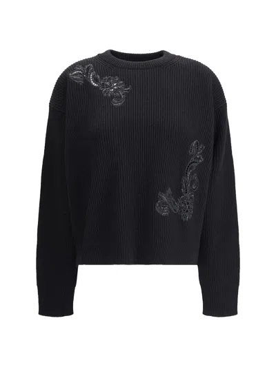 Versace Barocco Leaf Embroidered Sweater In Black