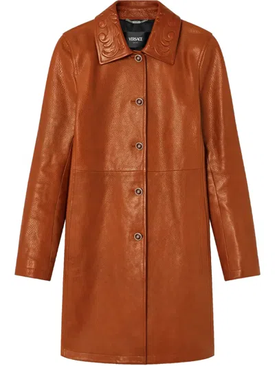 Versace Barocco A-line Leather Coat In Orange