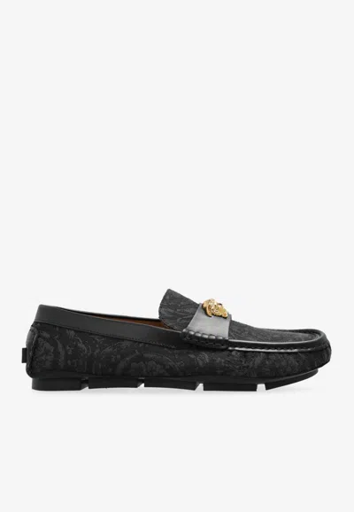 Versace Barocco Leather Loafers In Black