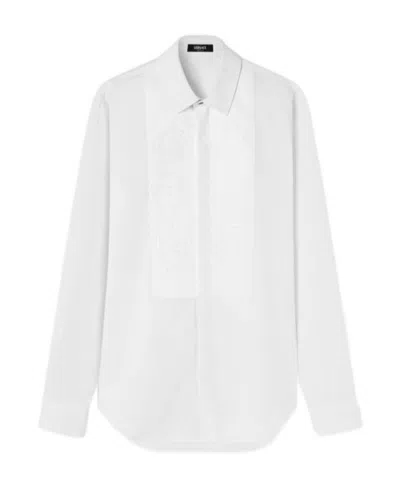 Versace Barocco-motif Long-sleeved Poplin Shirt In White