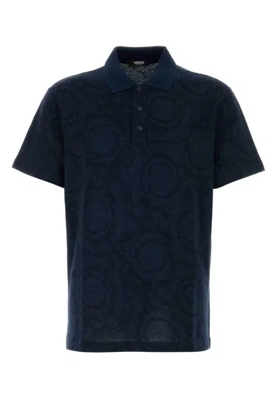 Versace Barocco Jacquard Cotton Piquet Polo In Navy