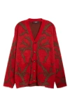 Versace Red & Brown Acanthus Leaves Mohair-blend Cardigan In Lipstick