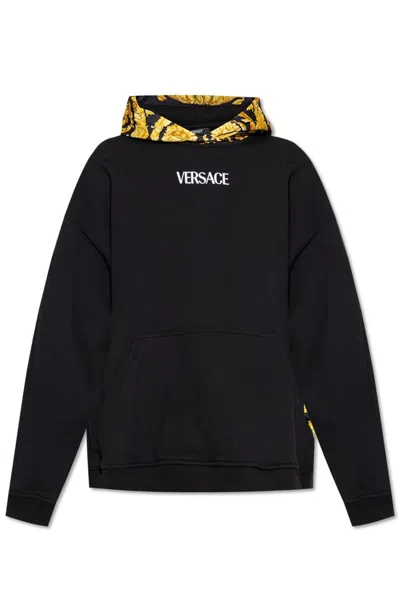 Versace Barocco Panelled Hoodie In Black+print