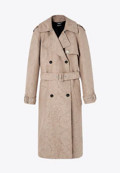 Versace Barocco Jacquard Trench Coat In Beige