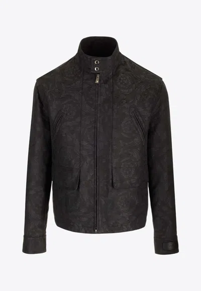 Versace Barocco Pattern Zip-up Jacket In Gray