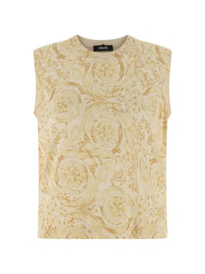 Versace Barocco Floral Pattern Ribbed Neckline Vest In Neutral