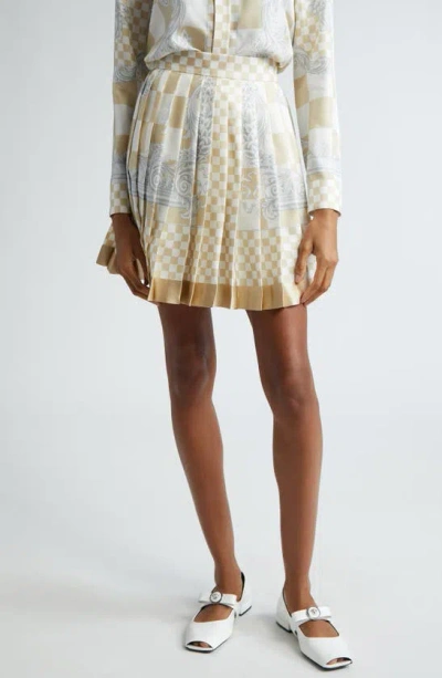 Versace Barocco Checkerboard-print Silk Miniskirt In Neutrals
