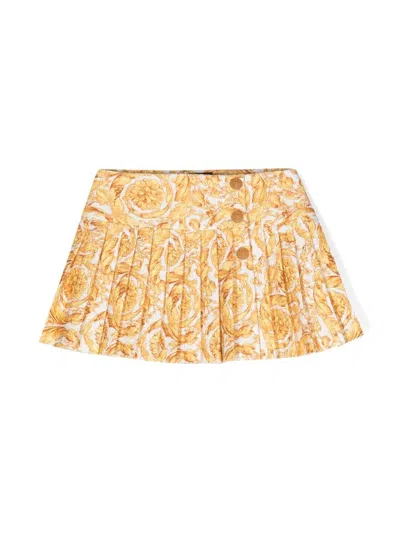 Versace Kids' Baroque Print Pleated Cotton Mini Skirt In Yellow,white