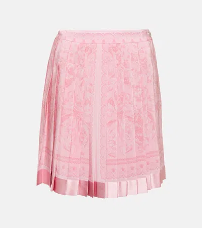 Versace Pleated Satin-trimmed Floral-print Crepe De Chine Mini Skirt In Pale Pink