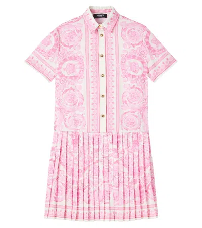 Versace Kids' Barocco Pleated Twill Shirt Dress In Pink