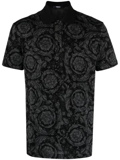Versace Barocco Print Polo T-shirt In Grey