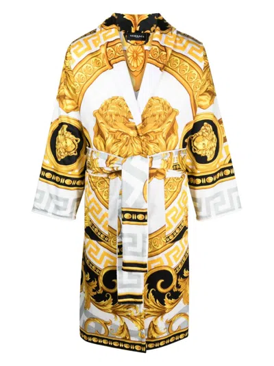 Versace Barocco-print Belted Coat In White