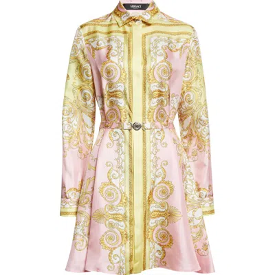 Versace Barocco Print Belted Long Sleeve Silk Shirtdress In Pink