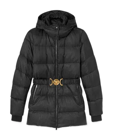 Versace Barocco-print Belted Puffer Jacket In Black
