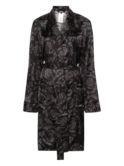 Versace Barocco-print Belted Robe In Black