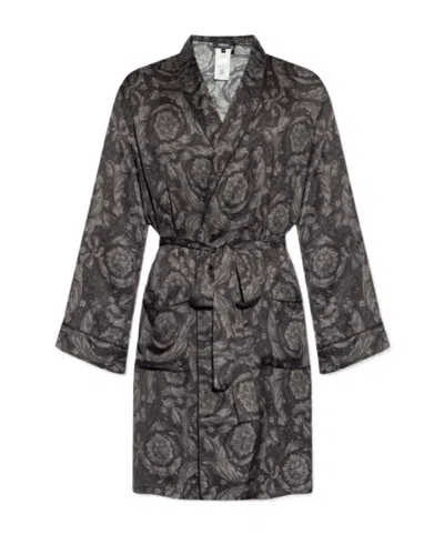 Versace Barocco-print Belted Robe In Black