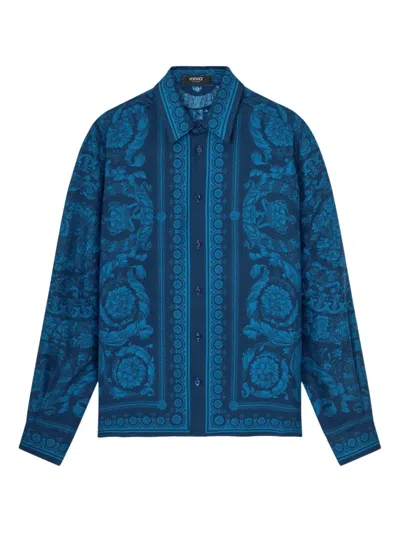 Versace Informal Shirt Silk Twill Fabric Barocco 92 Print Shirts Blue