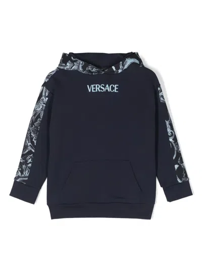 Versace Kids' Barocco-print Cotton Hoodie In Blue