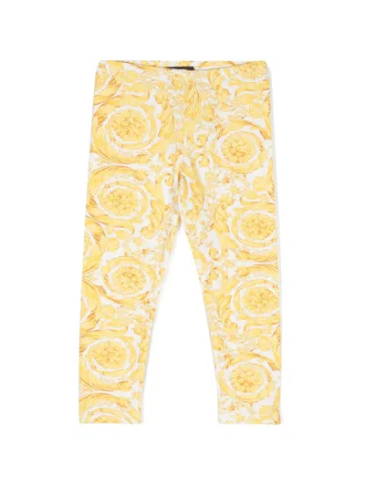 Versace Babies' Barocco-print Cotton Straight-leg Leggings In White