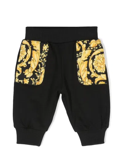 Versace Babies' Barocco-print Cotton Track Trousers In Black