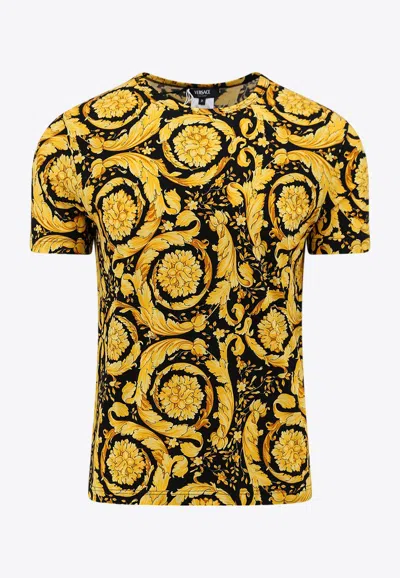 Versace Barocco Print Crewneck T-shirt In Yellow