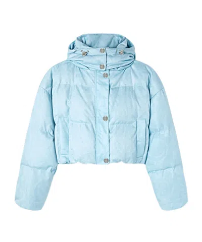Versace Barocco-print Cropped Puffer Jacket In Blue