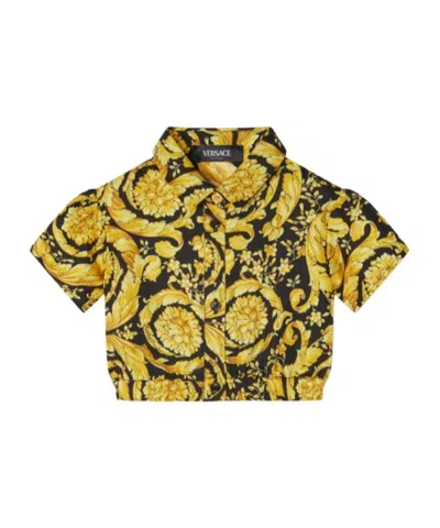 Versace Babies' Barocco-print Cropped Shirt In Black