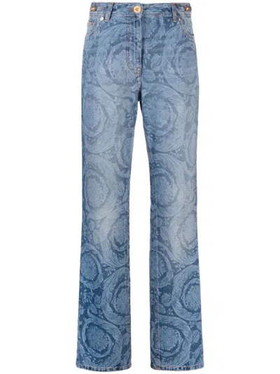Versace Barocco Print Denim Jeans In Blue