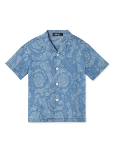 Versace Kids' Barocco-print Denim Shirt In Blue/white