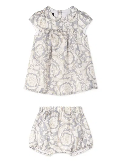 Versace Babies' Barocco-print Dress Set In Grey