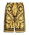 Versace Knee-length Black And Gold Silk Shorts With Barocco Print In Yellow