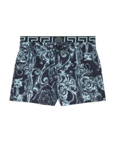 Versace Barocco Print Layered Swim Shorts In Blue