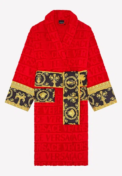 Versace Barocco Print Logo Jacquard Bathrobe In Red