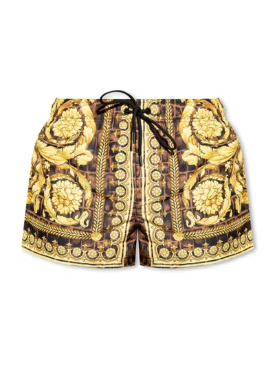 Versace Barocco Print Logo Swim Shorts In Brown